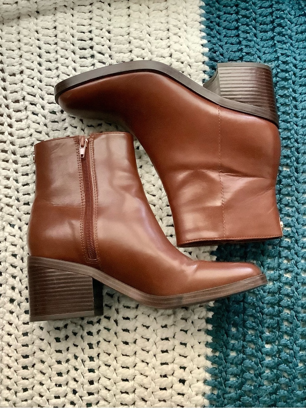 Nine West Chestnut Brown Leather Ankle Boots with Block Heel